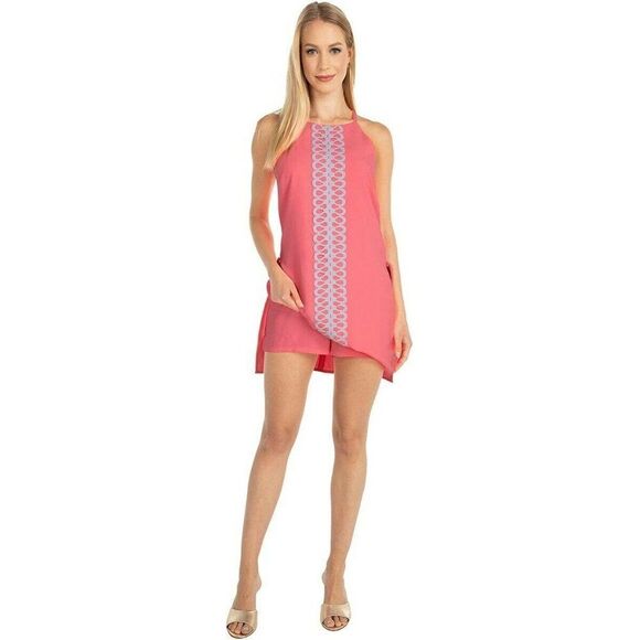 Lilly Pulitzer Donna Pearl Romper Lillys Coral Crepe Neon Orange Pink - Picture 1 of 5